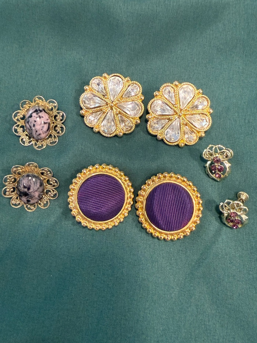 Vintage ornate filagree rhinestone purple clip on earring set of 3 pairs